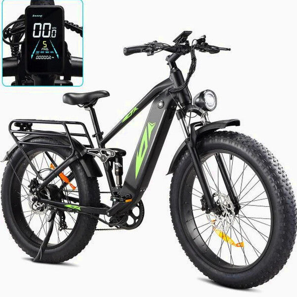 Adult Electric Bike 1000W 48V 17.5AH, 26 Fat Tire, Full Suspension, 7 Speed, 60 Miles Range - UL Certified