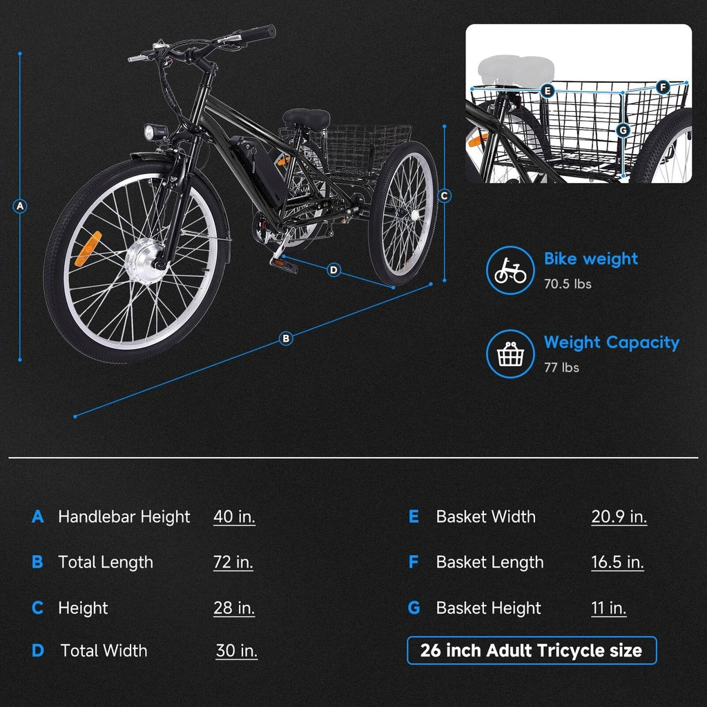 26 Inch Adult 3 Wheel Electric Tricycle With Basket, Fat Tires, 7 Speeds, 350W Motor, 36V 10Ah Battery - BICYCLE