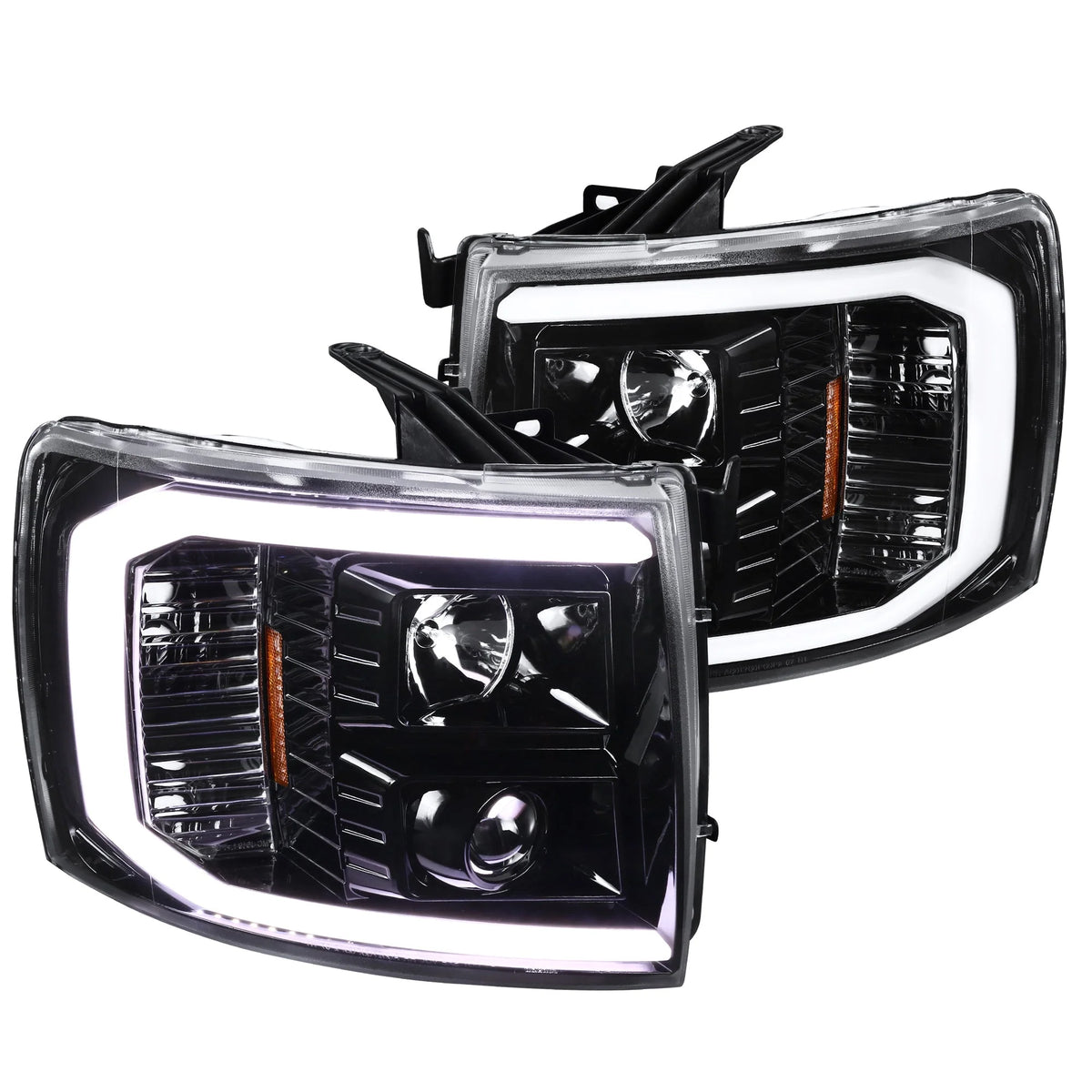 Spec-D Tuning LED Light Bar Projector Headlights and Vertical Grille, Jet Black/Clear, Left/Right Pair - 2007-2014 Chevrolet Silverado