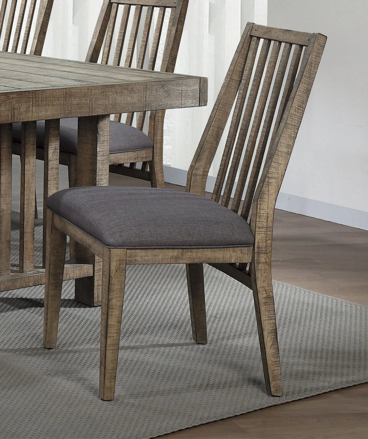 Wooden Side Chairs 2pc Set With Padded Gray Fabric Seats - Rustic Design