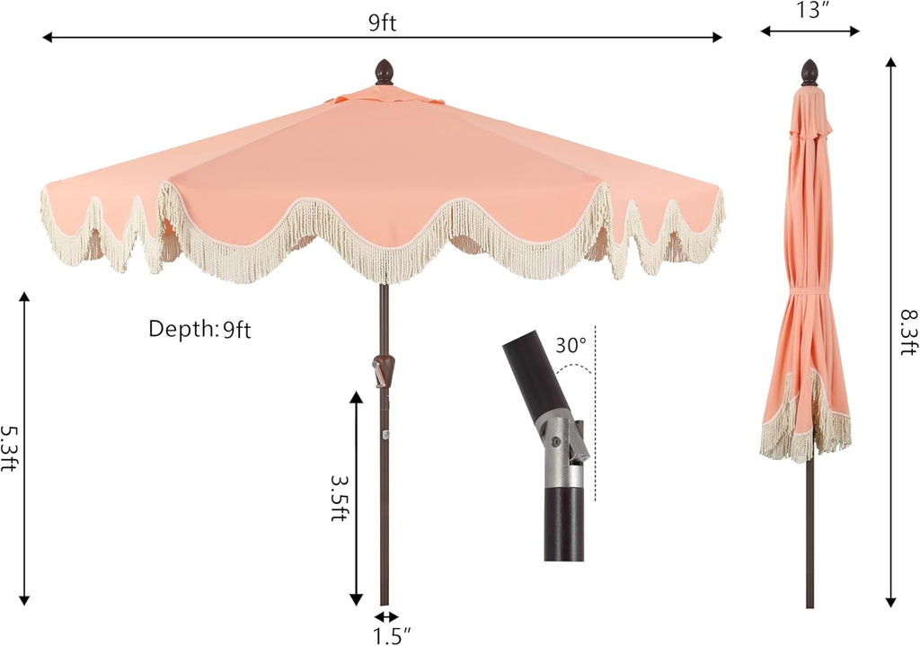 JONATHAN Y 9 ft Classic Cottage Tassel Market Patio Umbrella - UMB1001