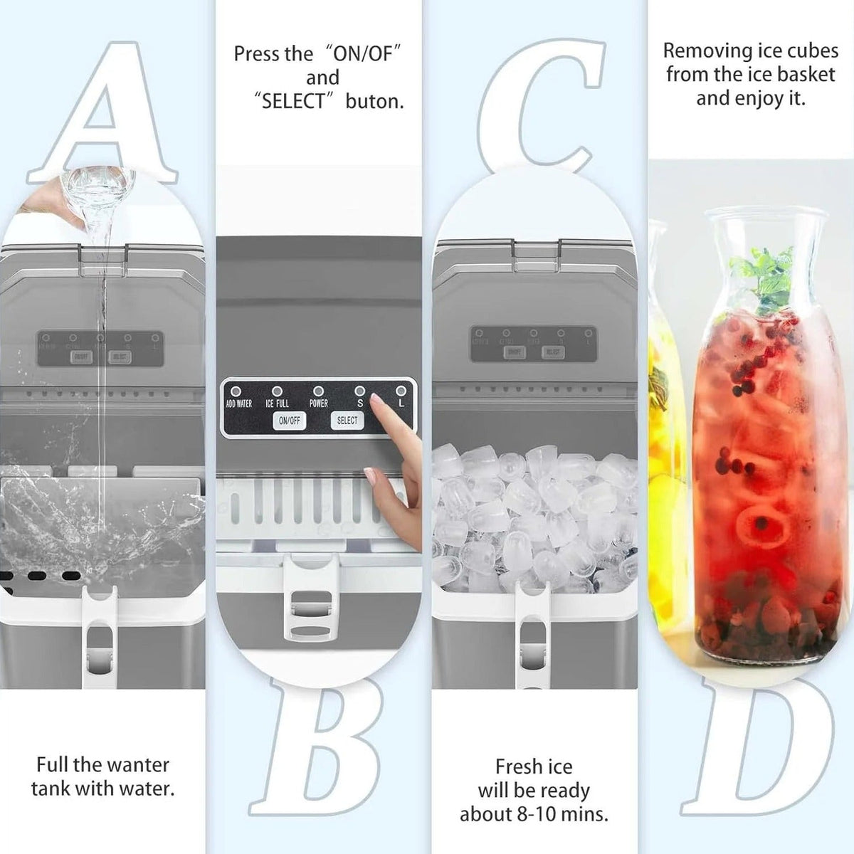 Countertop Portable Ice Maker With Carry Handle, Self-Cleaning, 26.5lbs/24Hrs, Grey