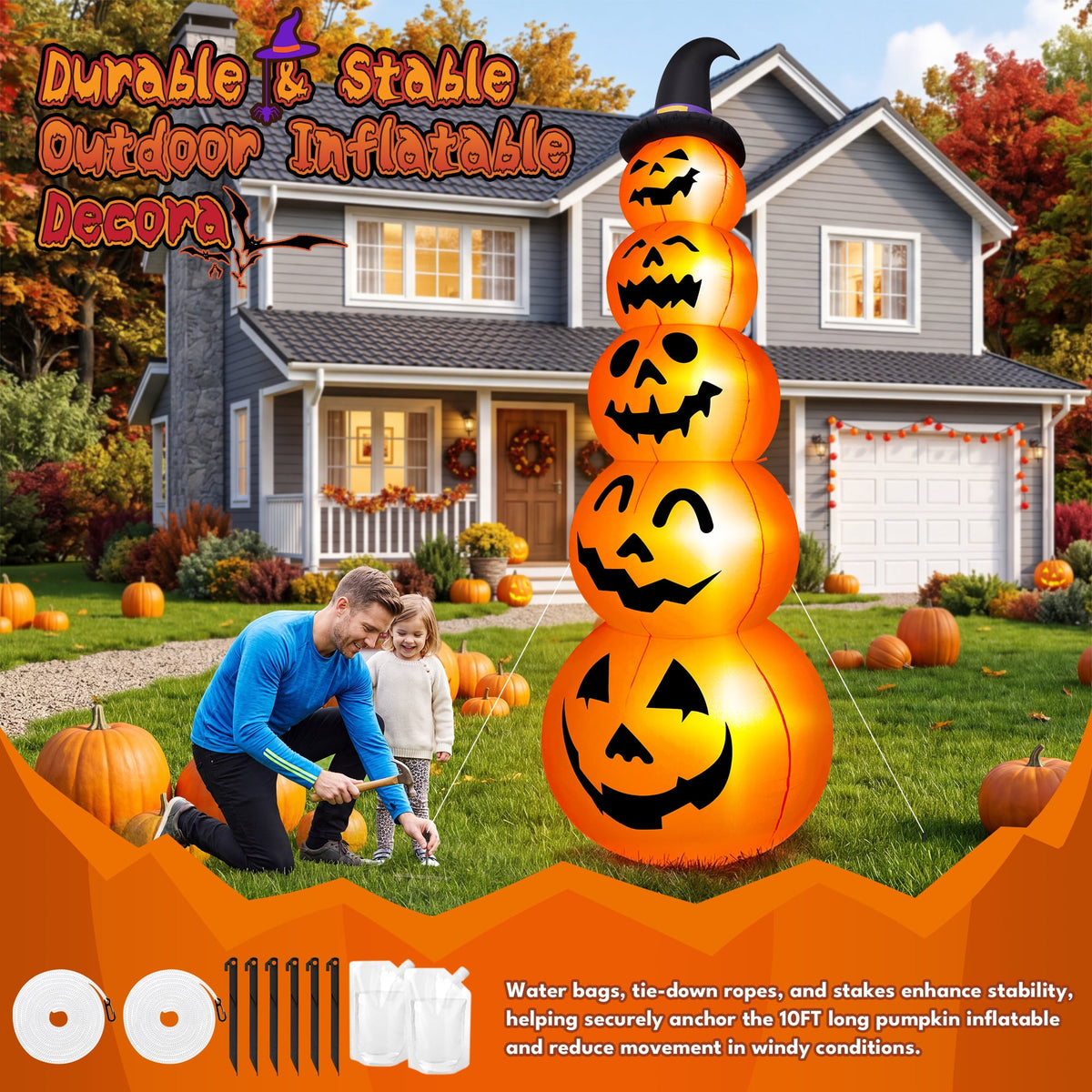 Yexmas 10ft Halloween Inflatable Pumpkins Outdoor Decor with Black Cat Tombstone and Spectre, Built-in LED Lights, for Halloween Party, Yard, Garden, Lawn