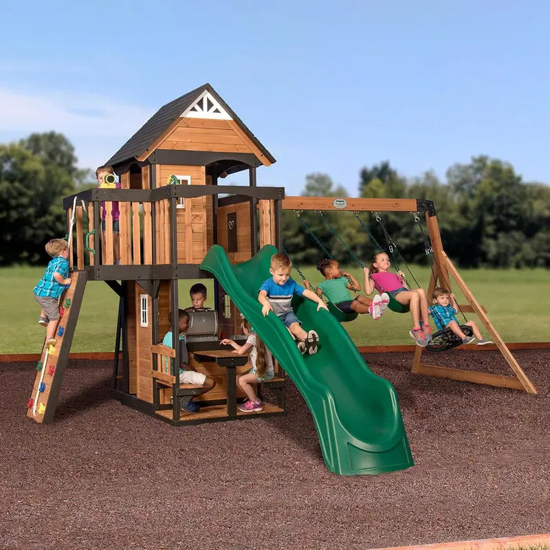 Backyard Discovery Cedar Canyon Creek Swing Set With Clubhouse, Slide, Rock Wall And Multiple Play Zones
