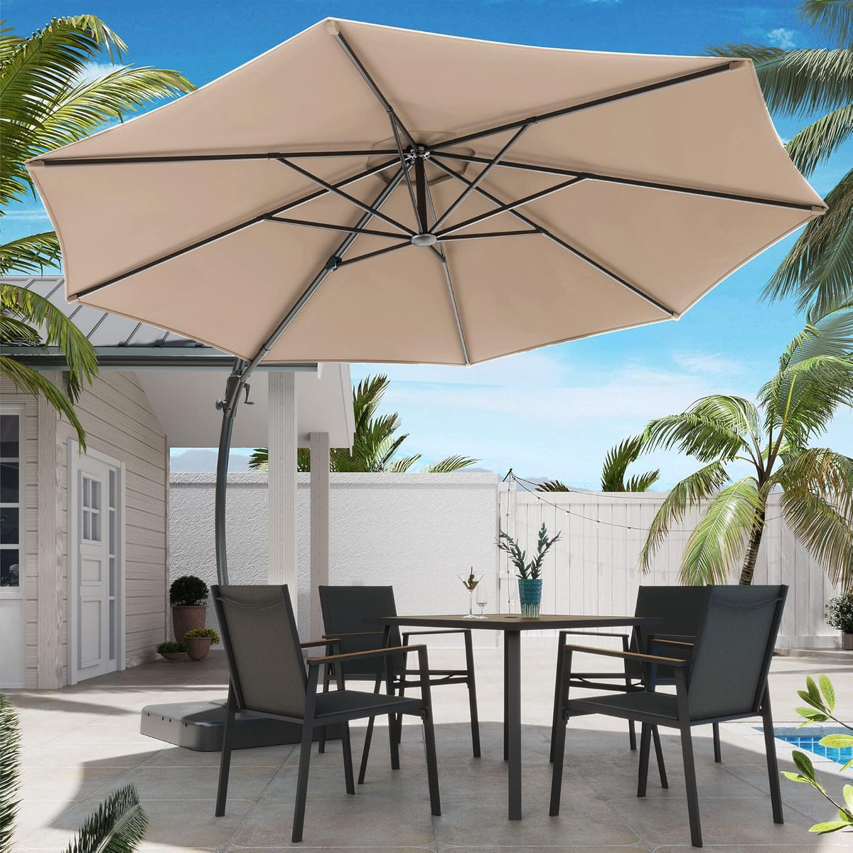 LAUSAINT HOME 11 FT Beige Curvy Cantilever Patio Umbrella With Base