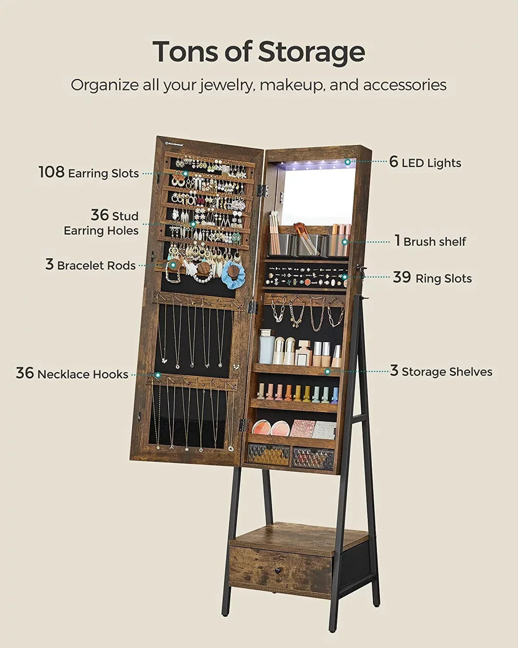 SONGMICS LED Lockable Jewelry Armoire With Full-Length Mirror, Rustic Brown - 14.6in D x 16.3in W x 61.8in H