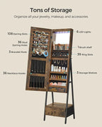 SONGMICS LED Lockable Jewelry Armoire With Full-Length Mirror, Rustic Brown - 14.6in D x 16.3in W x 61.8in H