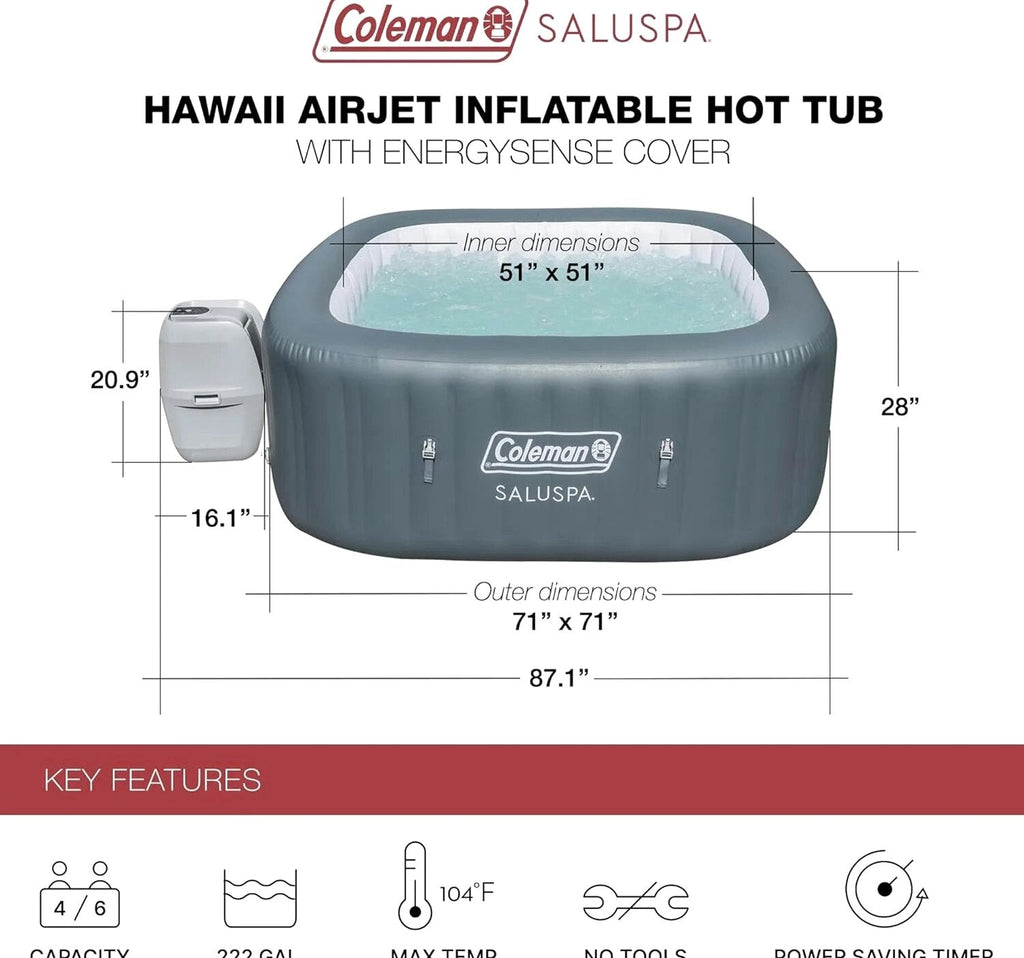 Coleman 4 To 6 Person Square Inflatable Hot Tub With 114 AirJets, Gray - 15442
