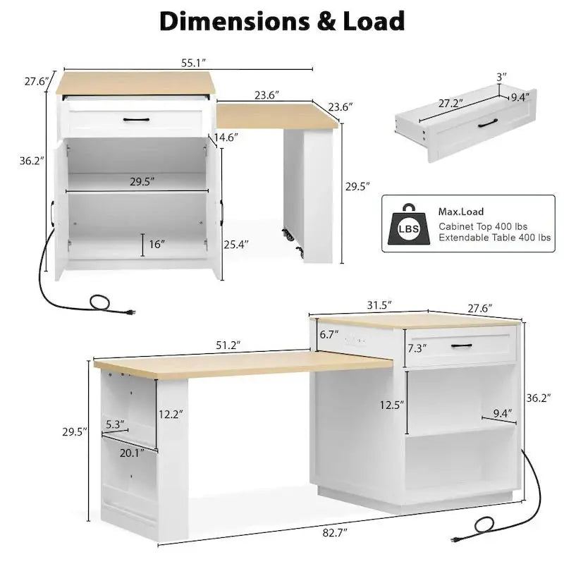 Expandable Wooden Kitchen Island With Drop-Leaf Table And Dual Storage - 82.7 in, 4-6 Person