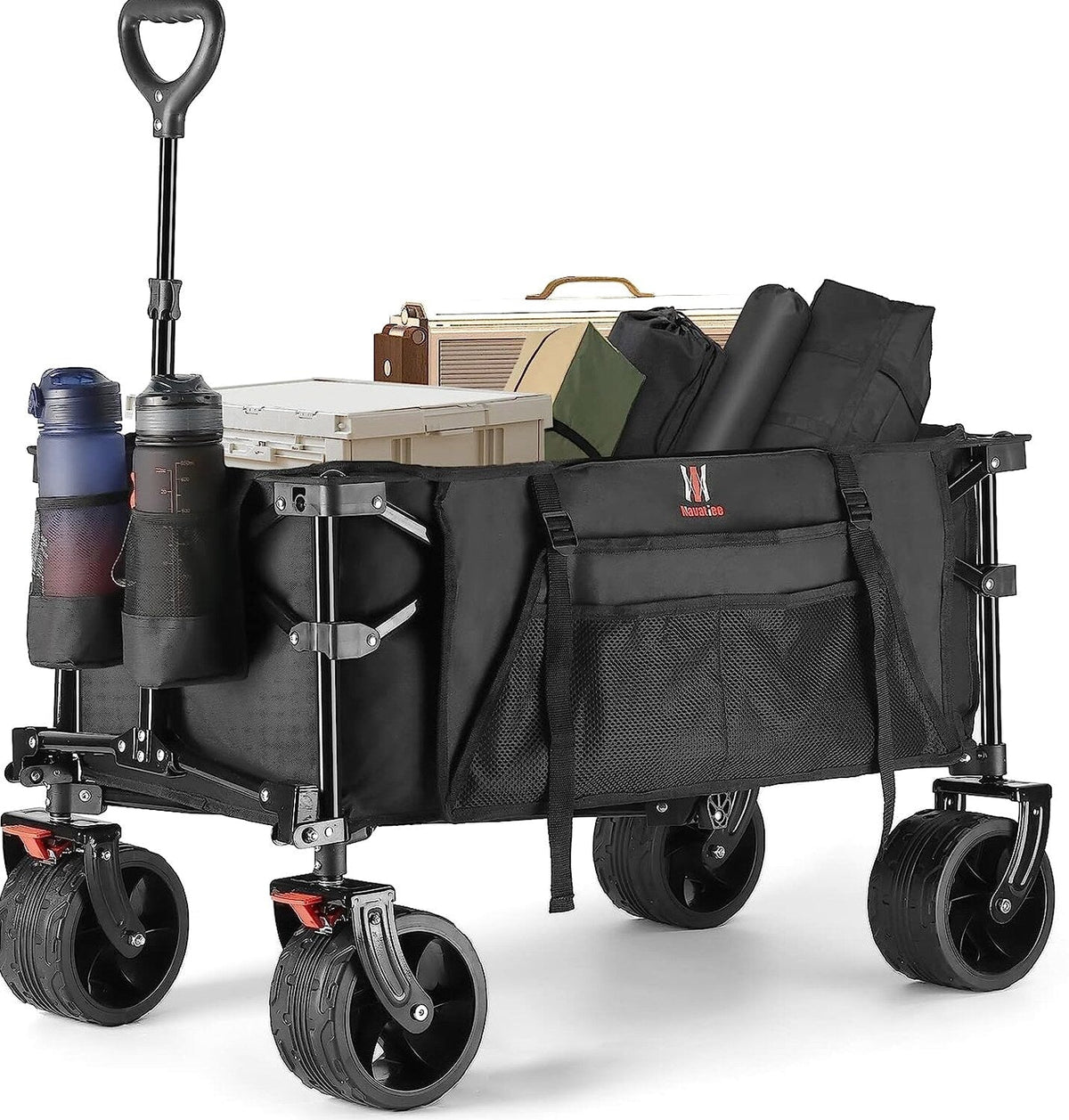 Navatiee Collapsible Folding Utility Wagon Cart With Big Wheels, Side Pocket And Brakes - T1