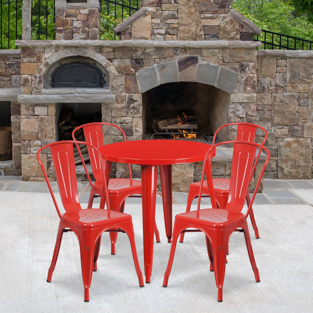 Emma + Oliver 30 in Round White Metal Indoor-Outdoor Table Set With 4 Cafe Chairs