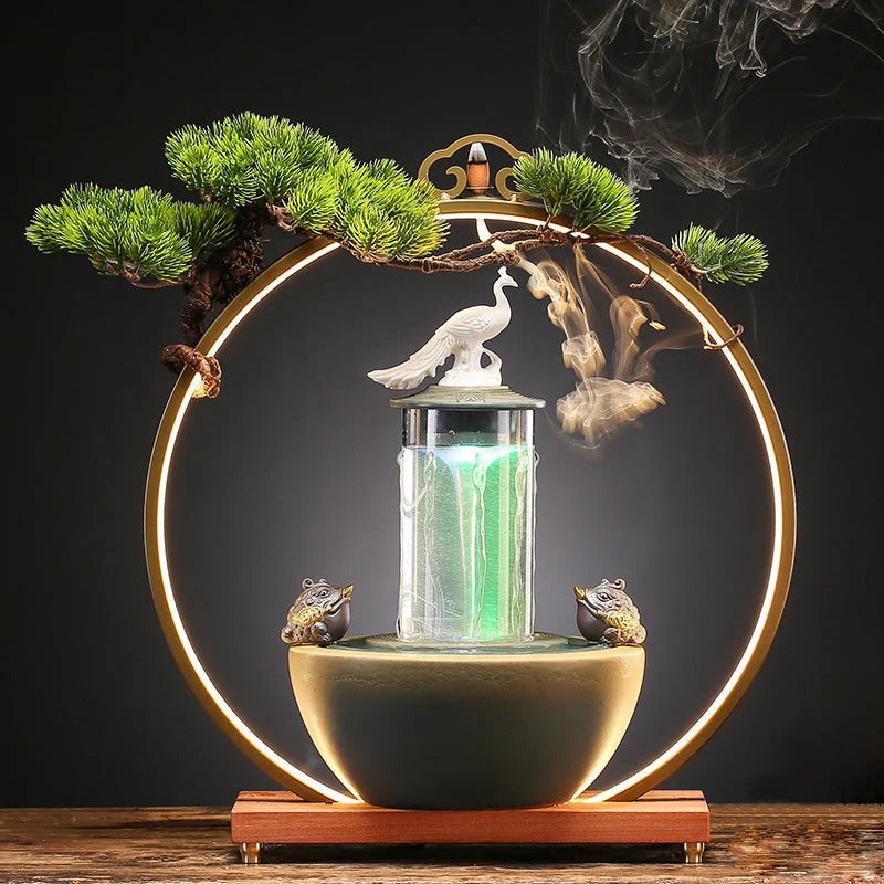 Lucky Pheasant Round LED Incense Burner With Flowing Water Fountain - 20.5in x 19.7in x 5.9in