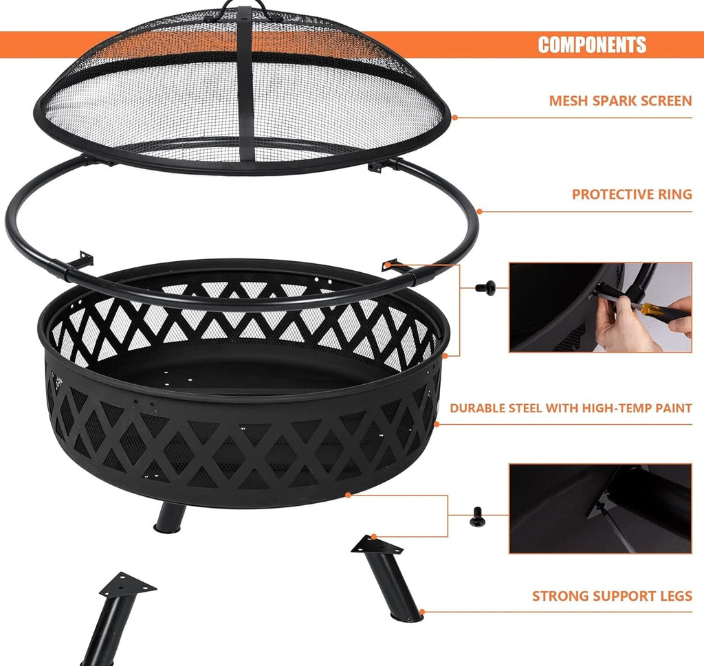 SUNCREAT 42 Inch Star Pattern Wood Burning Patio Fire Pit With Mesh Spark Screen And Poker, Black