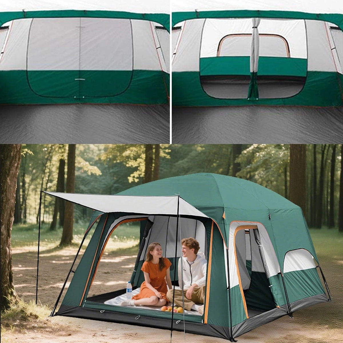 KFeng 12 Person Camping Tent, 2 Rooms, 3 Mesh Doors, 3 Mesh Windows, Brown