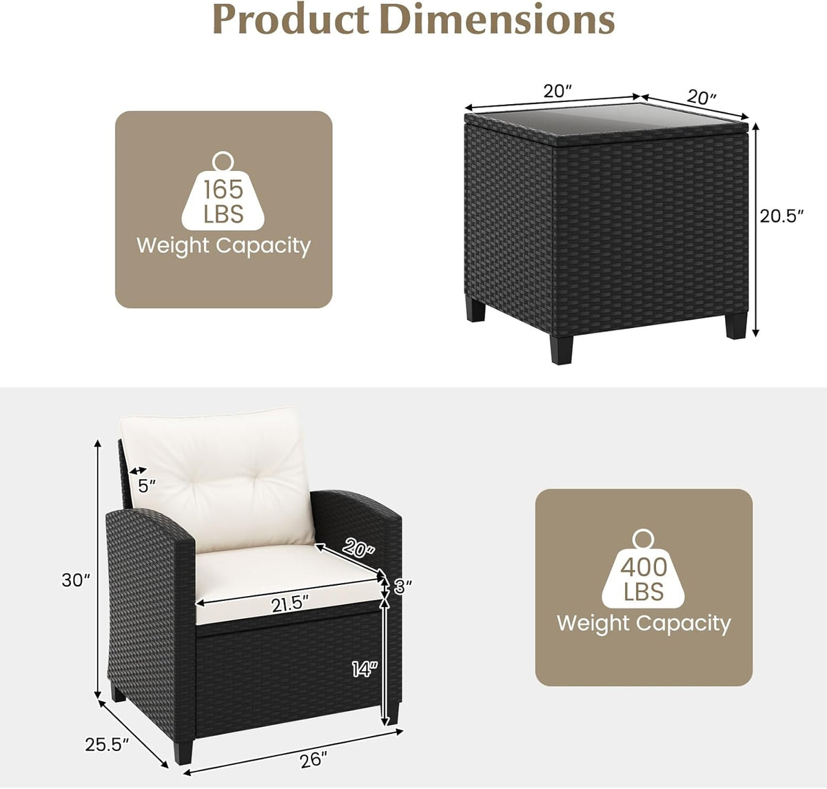 Tangkula 3-Piece Patio Rattan Conversation Set With Cushions And Glass-Topped Coffee Table