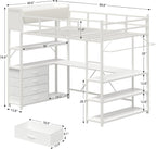 Twin Metal Loft Bed Frame With U-Shaped Desk, Storage Headboard, LED Lights, Power Outlet And 4 Drawers