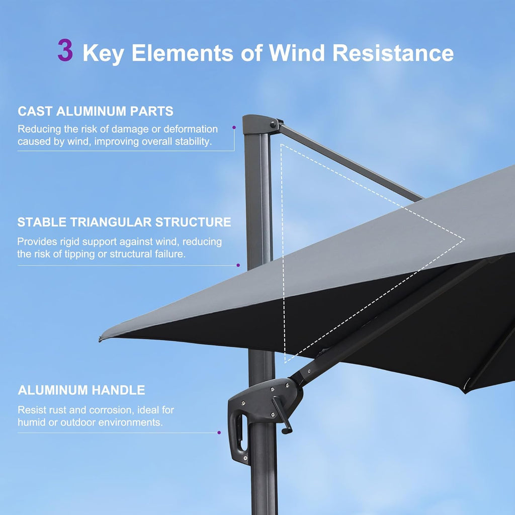 PURPLE LEAF Cantilever Patio Umbrella, 10FT Square, Grey - 360 Degree Rotation