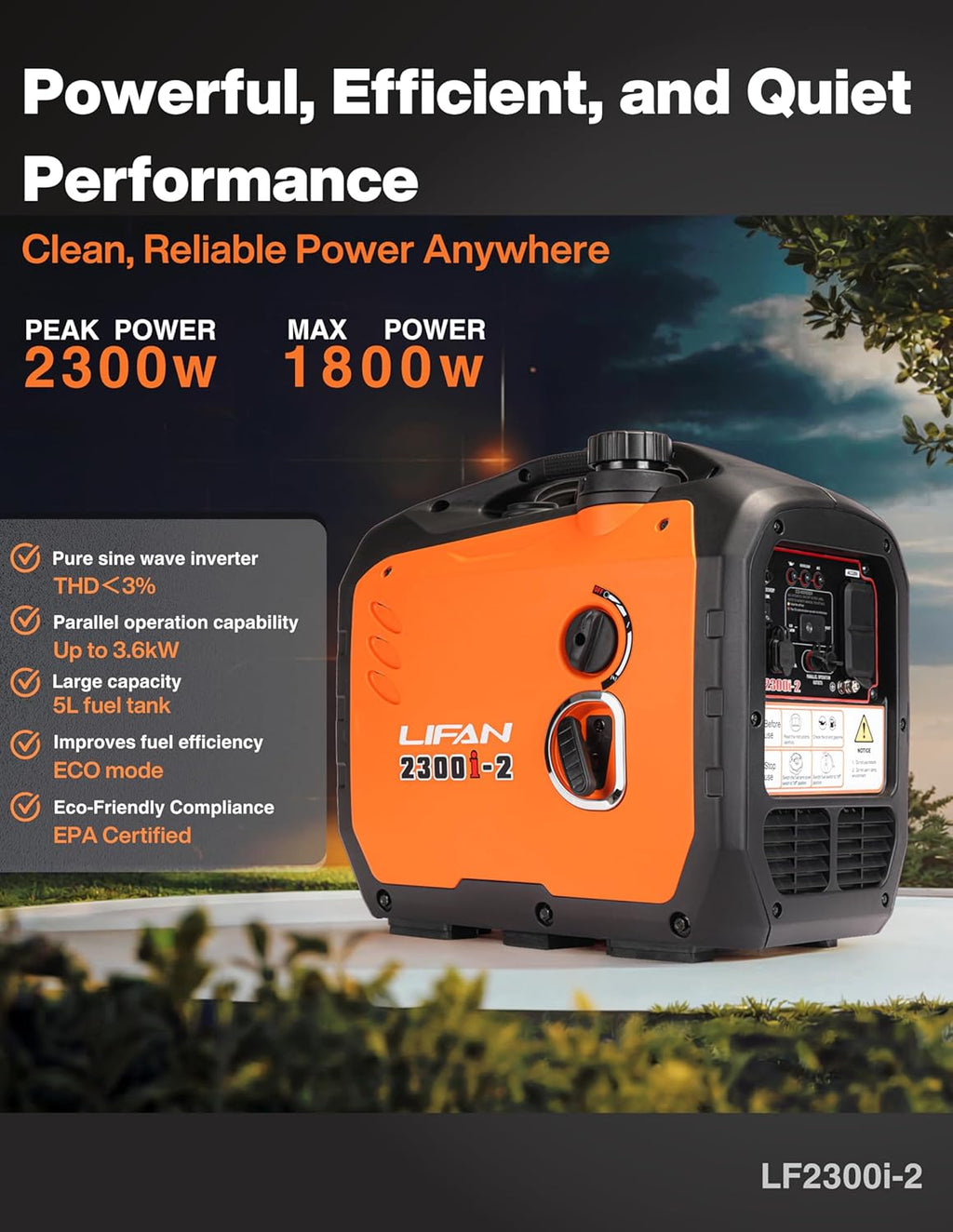 LIFAN Gasoline Inverter Generator 2300W - Portable Parallel Capable