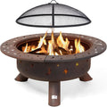 SUNCREAT 42 Inch Star Pattern Wood Burning Patio Fire Pit With Mesh Spark Screen And Poker, Black