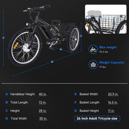 26 Inch Adult 3 Wheel Electric Tricycle With Basket, Fat Tires, 7 Speeds, 350W Motor, 36V 10Ah Battery - BICYCLE