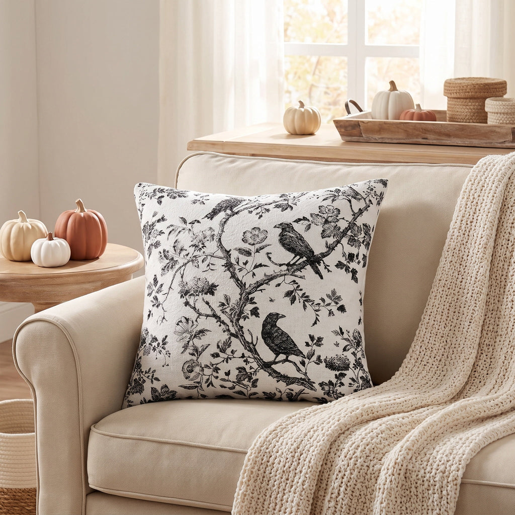 My Texas House Halloween Raven Toile Decorative Pillow, Ivory and Black, 20" x 20"