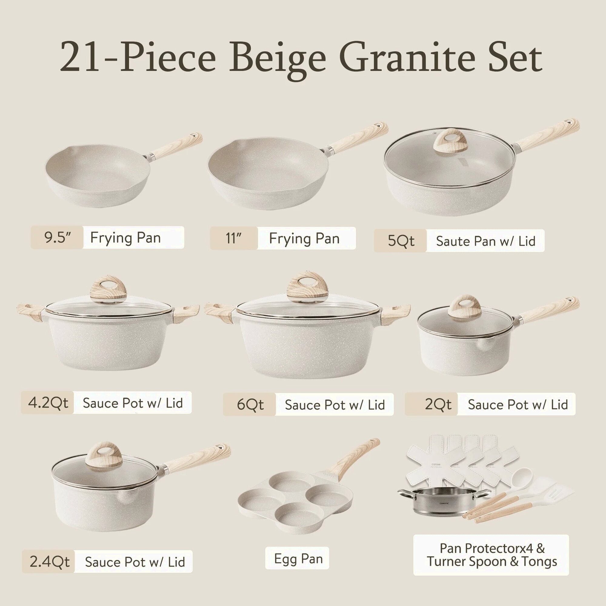 Carote 21-Piece Nonstick Granite Cookware Set, Induction Compatible, Beige