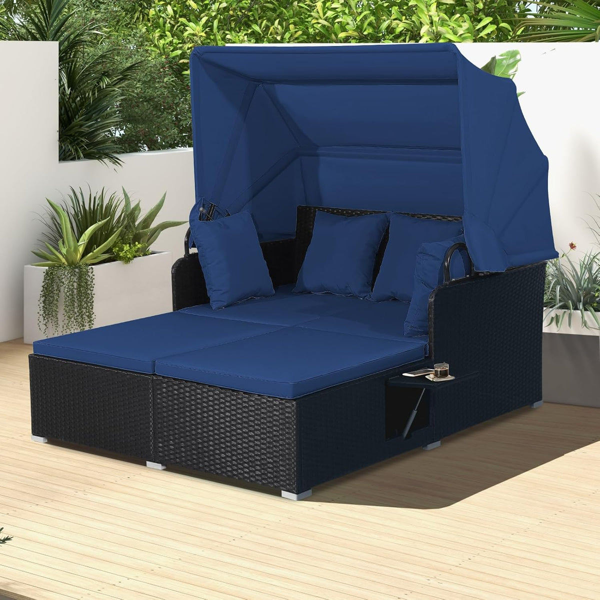 RELAX4LIFE Patio Daybed With Canopy, Cushions, 4 Pillows And 2 Side Trays, Turquoise - B0BYSN7GC7
