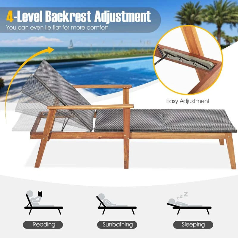 Acacia Wood Rattan Patio Chaise Lounge Chair Set With Folding Side Table