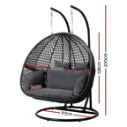 Gardeon Two-Person Wicker Egg Swing Chair With Stand, Grey, 117cm x 117cm x 200cm
