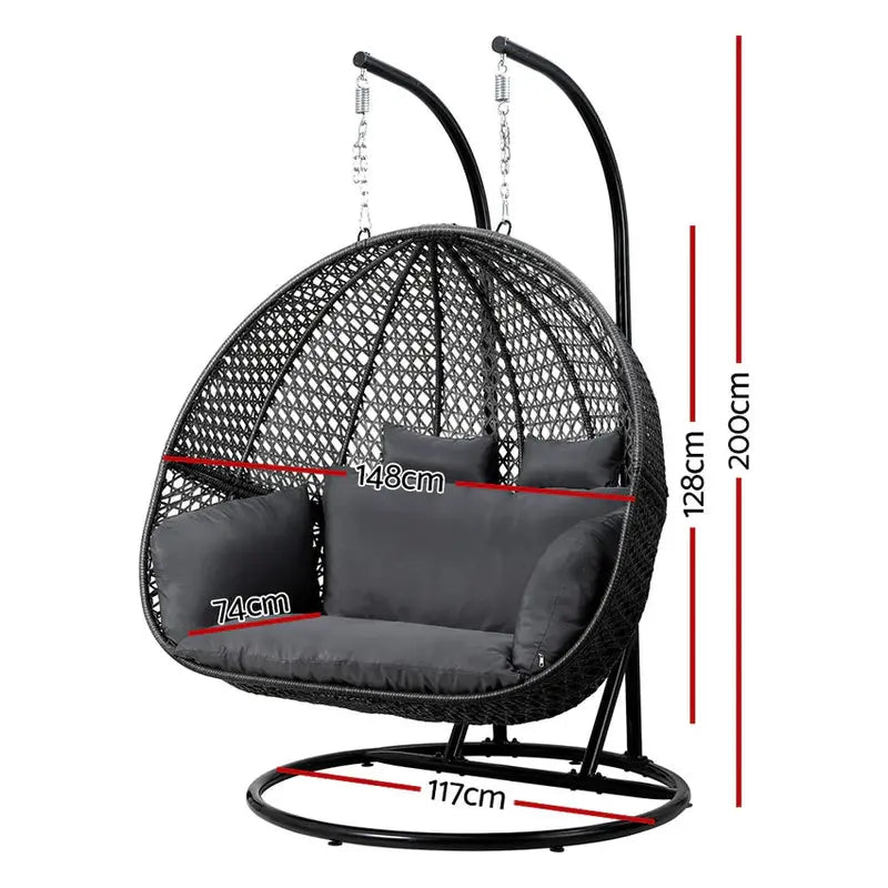 Gardeon Two-Person Wicker Egg Swing Chair With Stand, Grey, 117cm x 117cm x 200cm