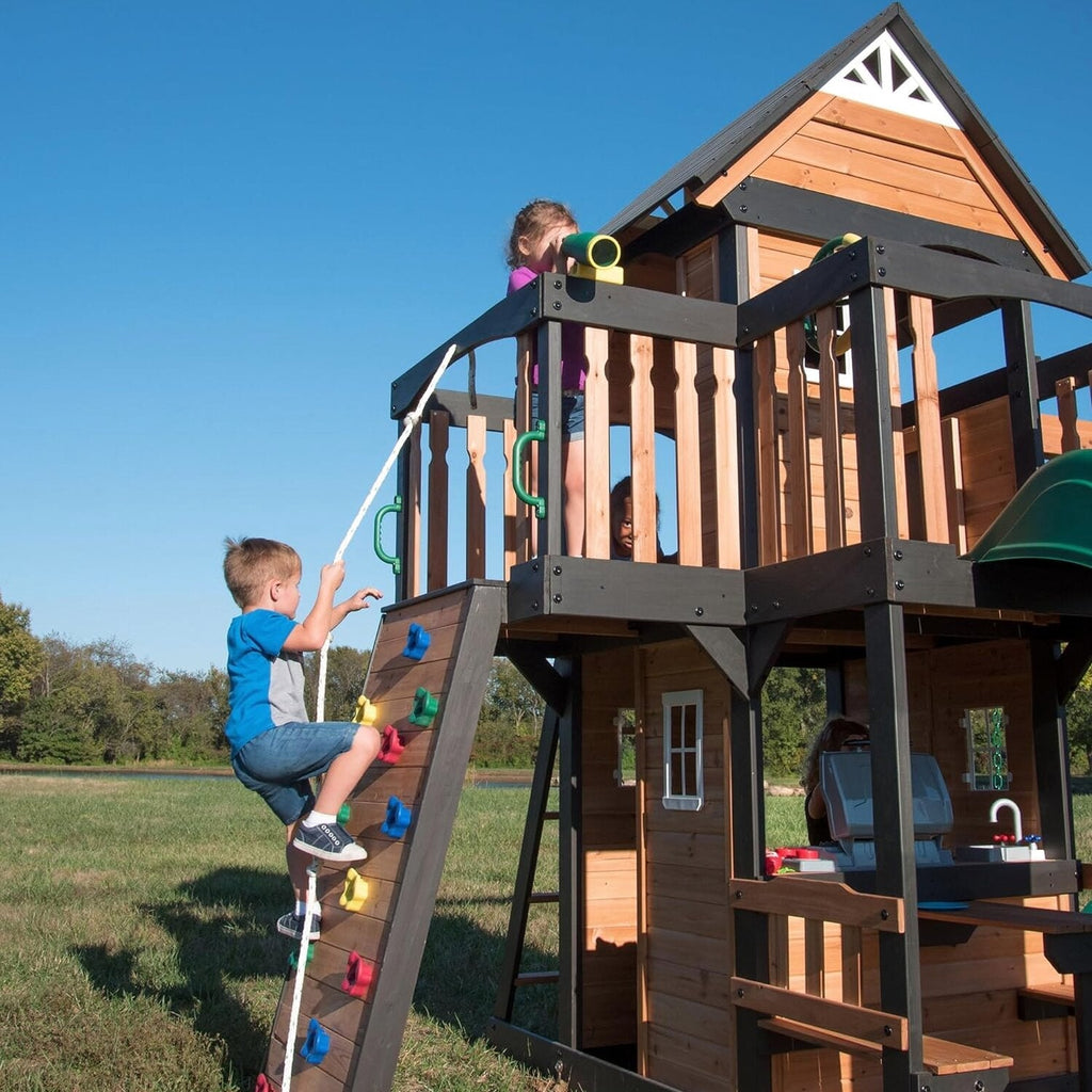 Backyard Discovery Canyon Creek Cedar Wood Swing Set With 8-Foot Wave Slide, Clubhouse And Play Kitchen