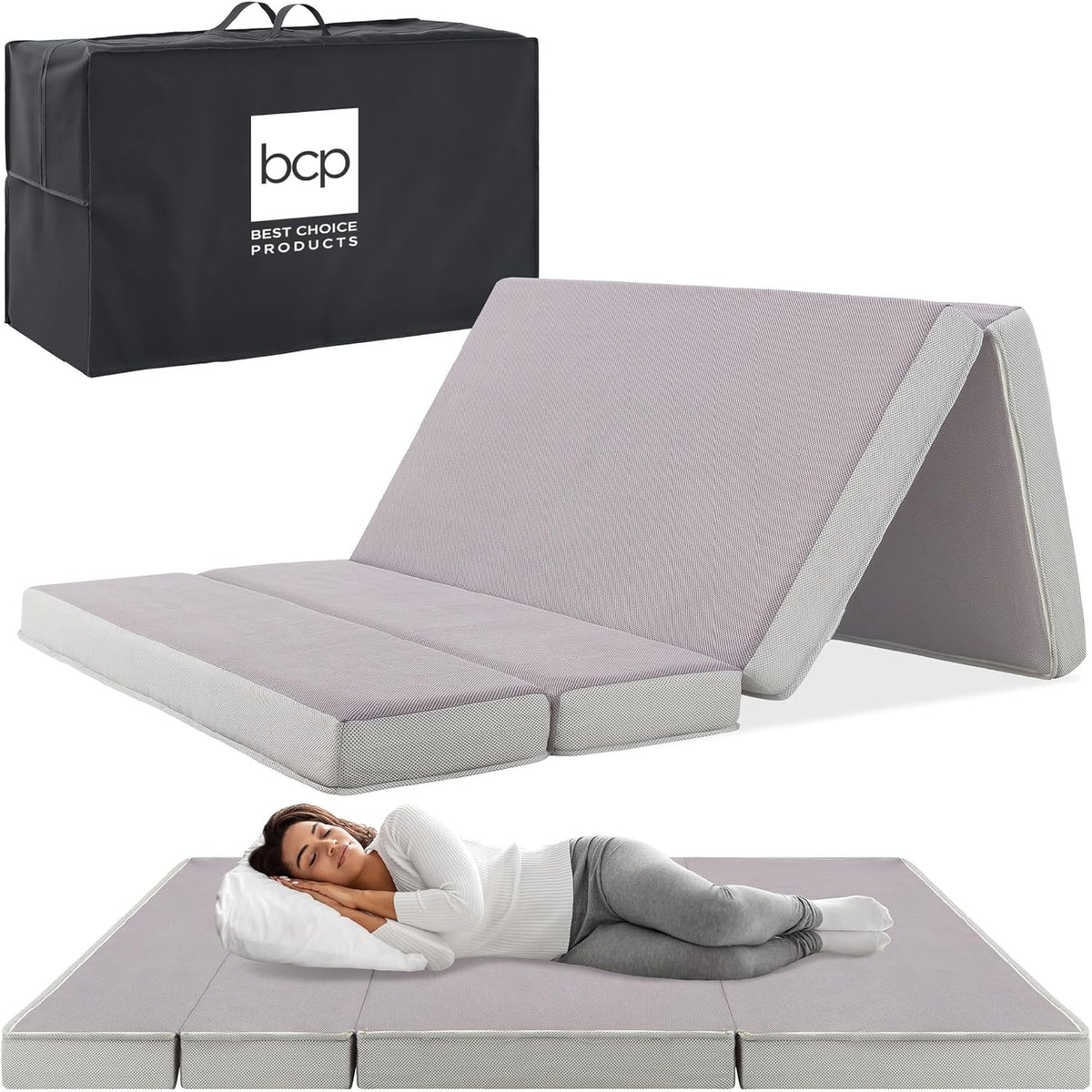 Best Choice Products Queen-Size 4in Tri-Fold Foam Mattress With Carry Case - Grey