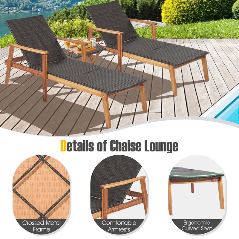 Acacia Wood Rattan Patio Chaise Lounge Chair Set With Folding Side Table