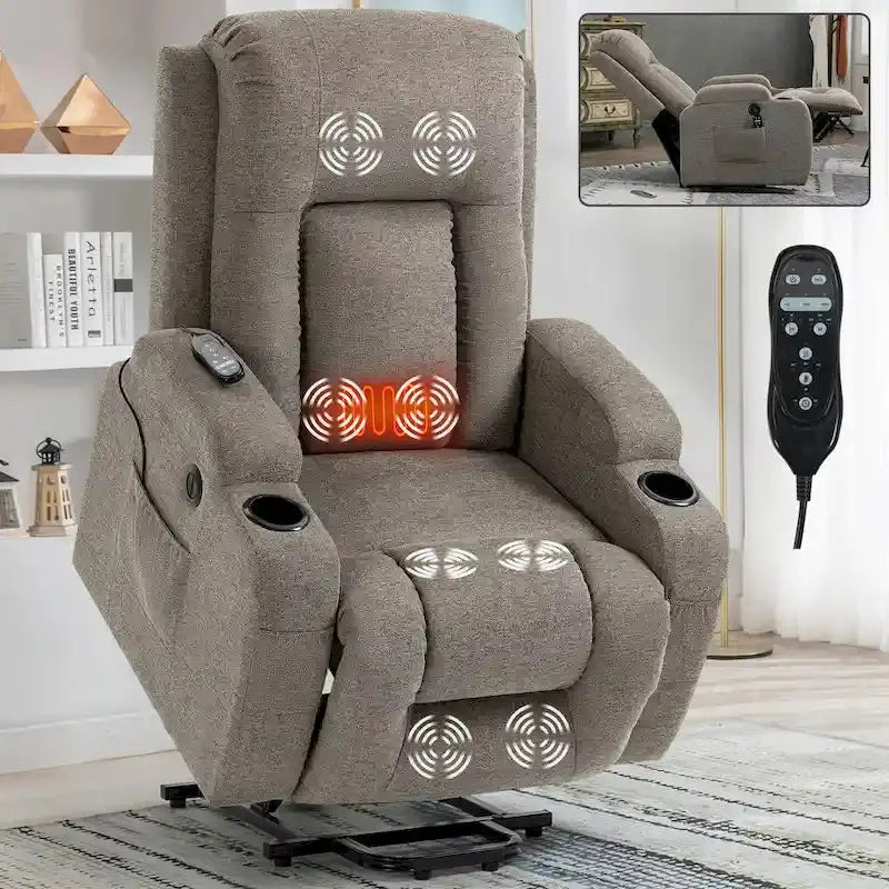 Power Lift Recliner Chair With Massage, Lumbar Heat, USB Port And Cup Holders - Single-Motor Sofa