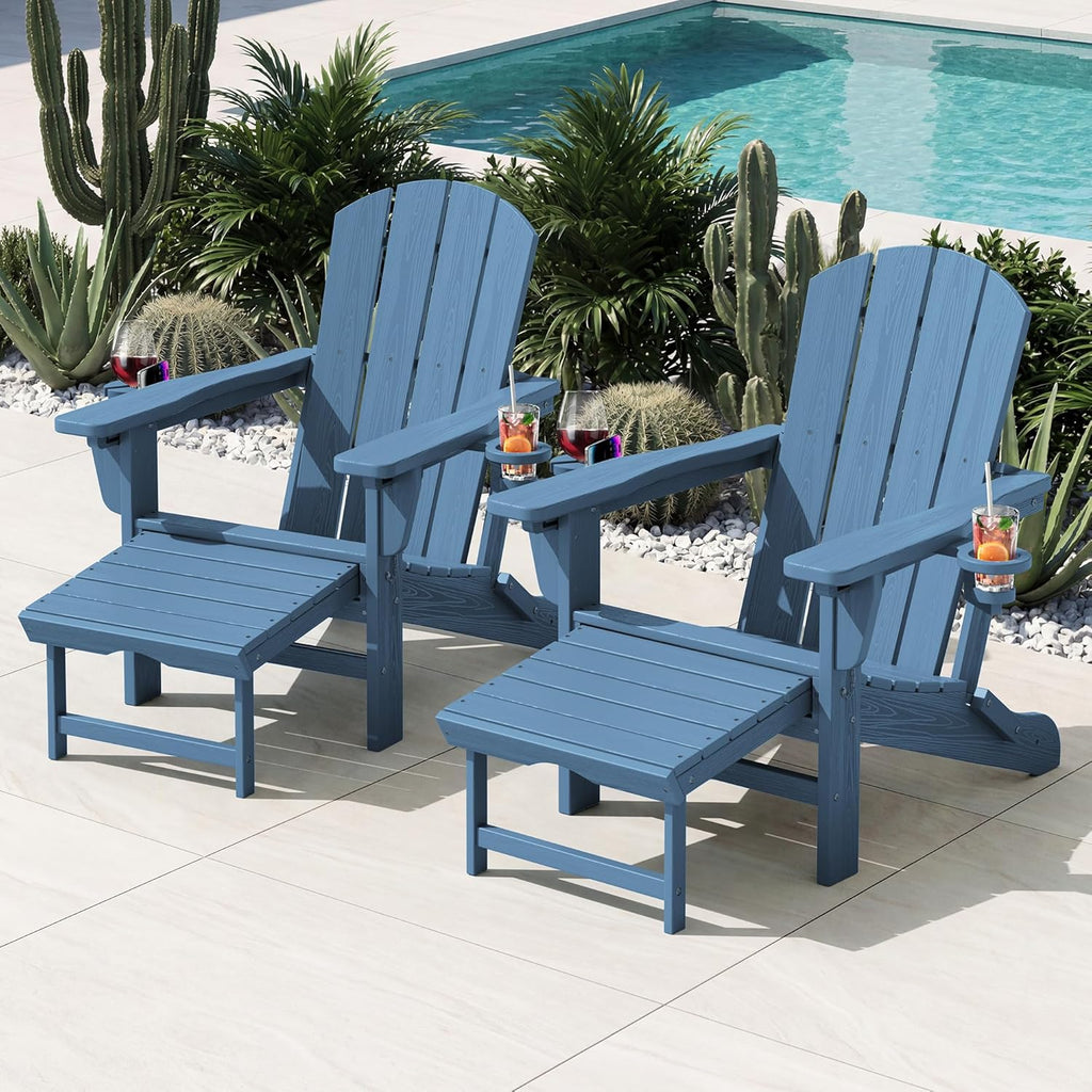 KINGYES Folding Adjustable HDPE Adirondack Recliner Chair With Retractable Ottoman And Cup Holder - Blue