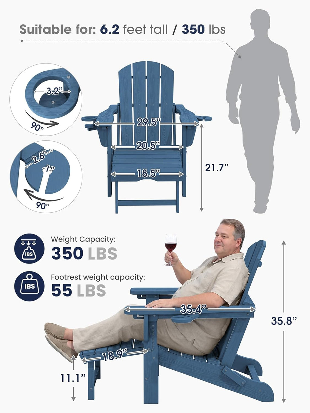 KINGYES Folding Adjustable HDPE Adirondack Recliner Chair With Retractable Ottoman And Cup Holder - Blue