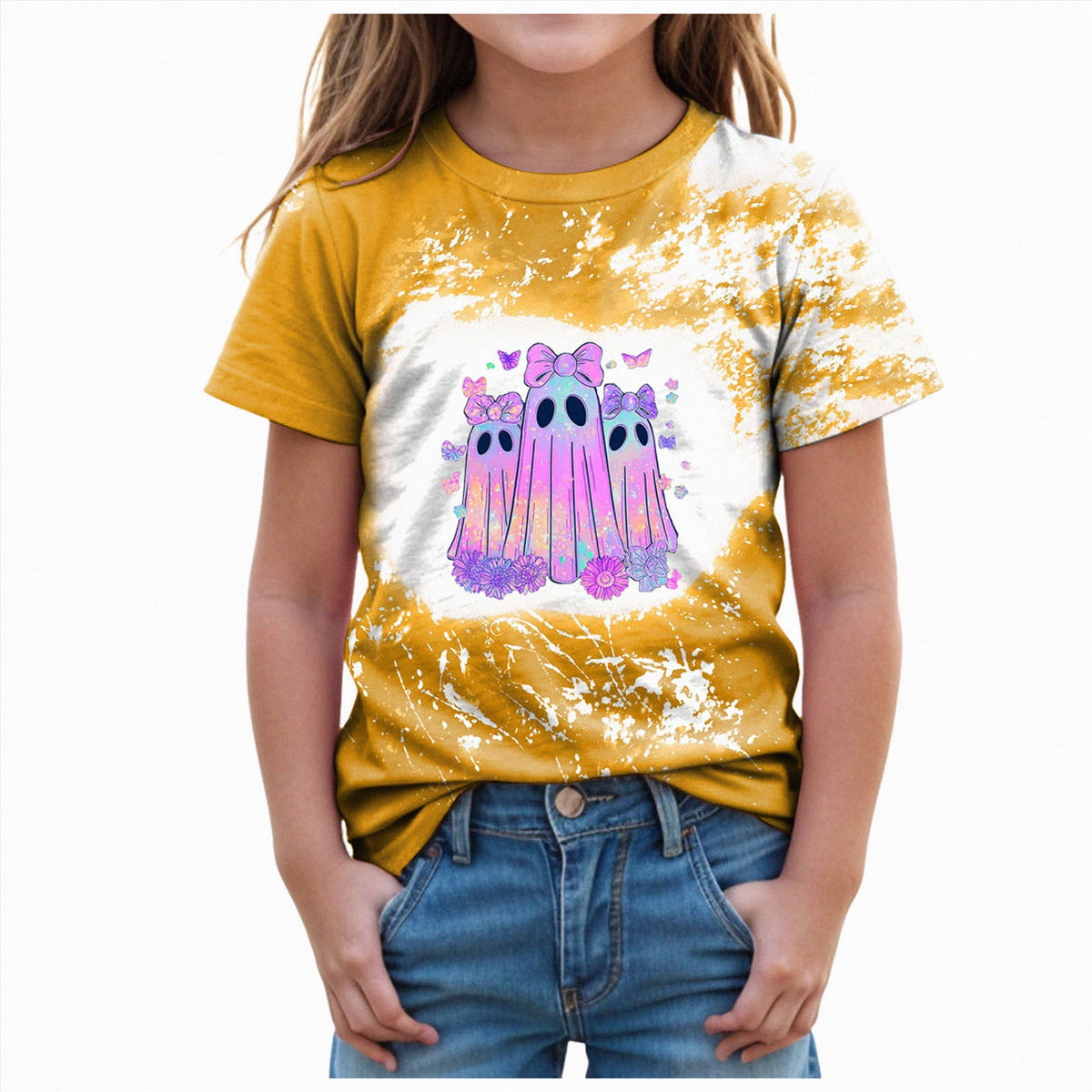 CAUYDY Halloween Ghouls Ghost Retro Girl Kids T-Shirt Graphic Tshirt Little Kids Fall Short Sleeve Tee Tops(Orange, 8-9 Y)