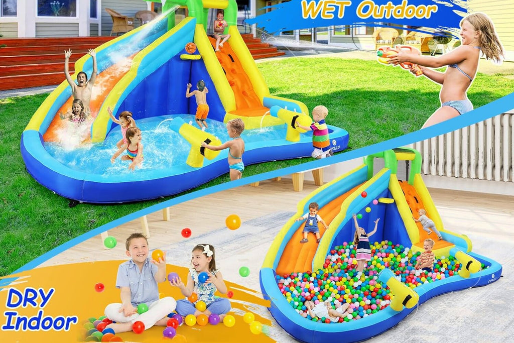 ROOJER 8-in-1 Kids Inflatable Bounce House Water Park With 450W Blower, 2 Water Cannons, Crocodile Sprinkler - B0C2HLK2R4