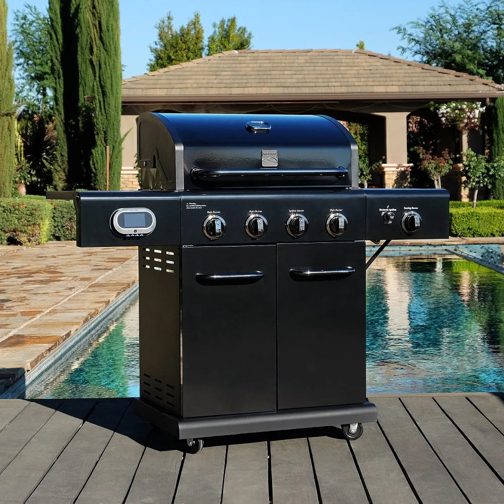 Kenmore 4-Burner Smart Gas Grill With Side Searing Burner, Black With Chrome Accents