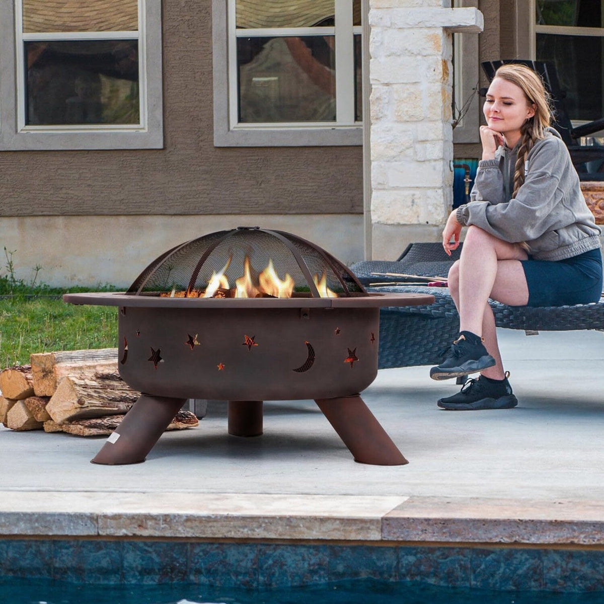 SUNCREAT 42 Inch Star Pattern Wood Burning Patio Fire Pit With Mesh Spark Screen And Poker, Black