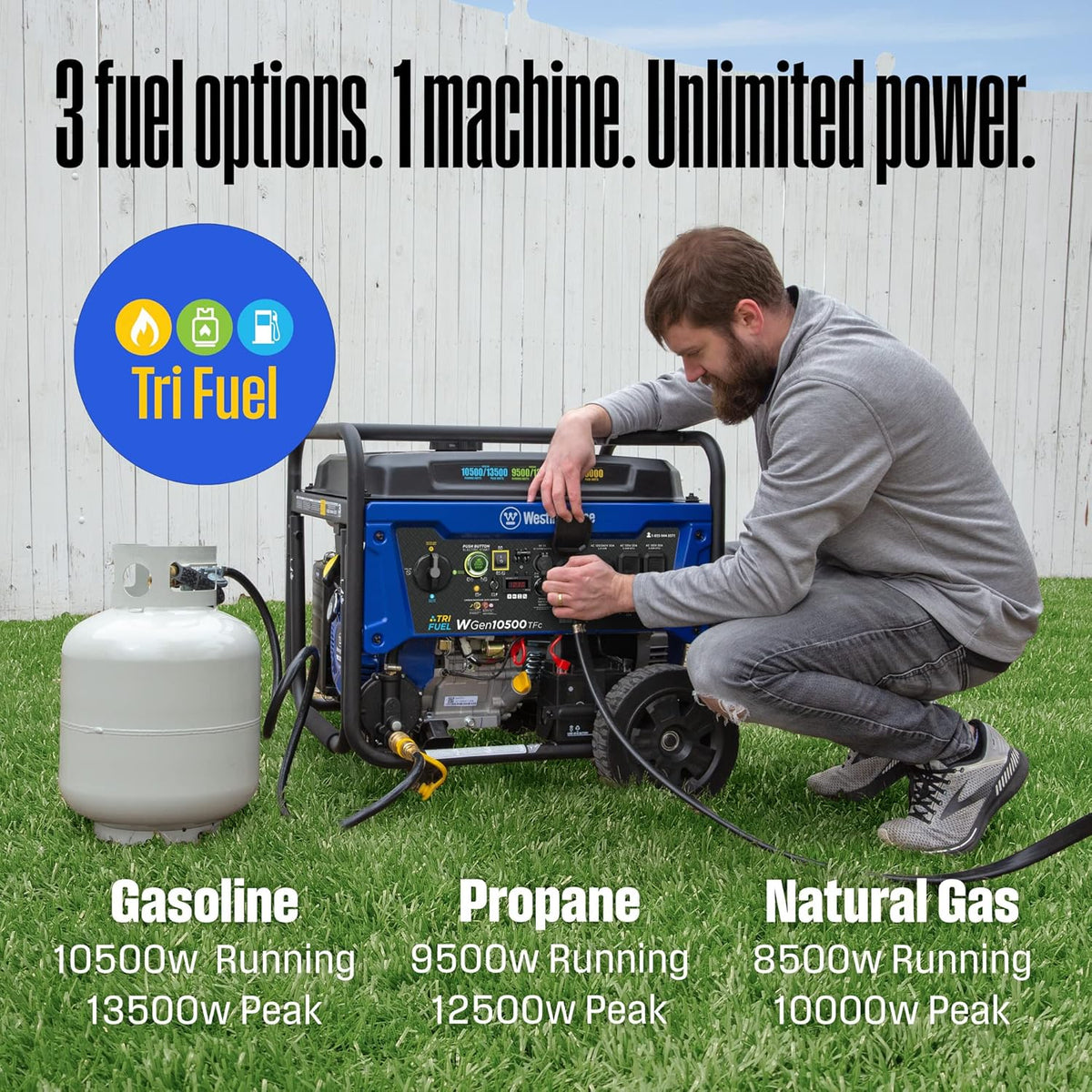 Westinghouse Tri-Fuel Portable Generator, 13500 Peak Watt, Remote Electric Start