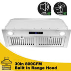 30 Inch Built-In Range Hood 800 CFM 3-Speed Touch Control