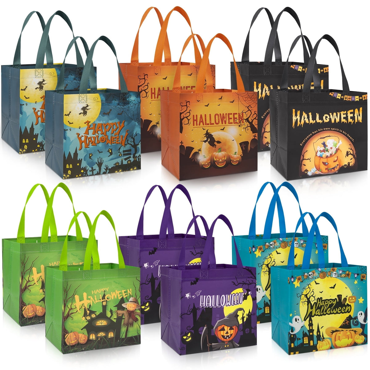 HiberyHom 12 Pcs Halloween Trick or Treat Bags with Handles, Gift Bags & Party Favor Bags for Kids, 8.27 x 5.91 x 7.87 inches
