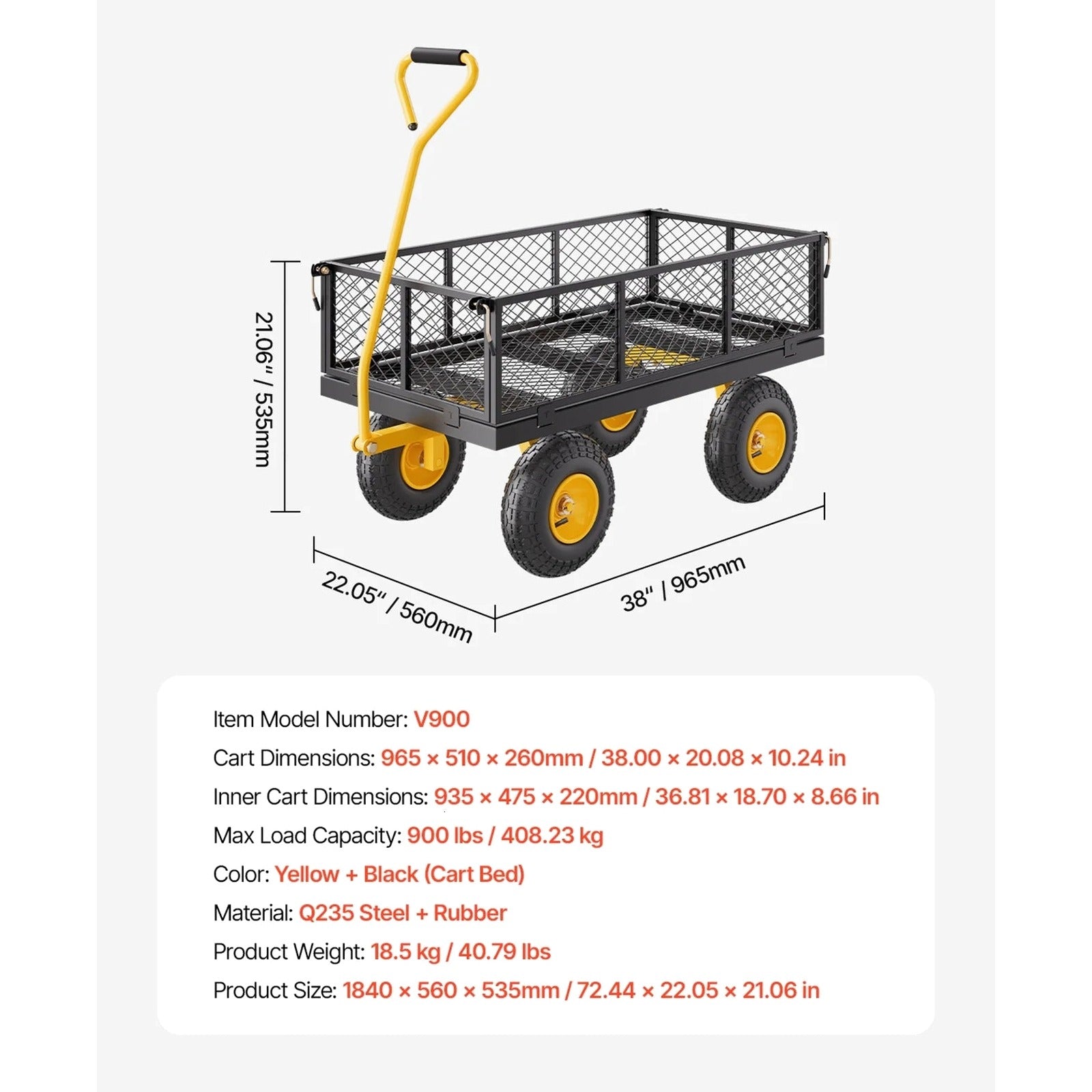 KFFKFF Steel Garden Utility Cart 900 Lbs, 38 x 22 in, 10 in Wheels, Green - V900G