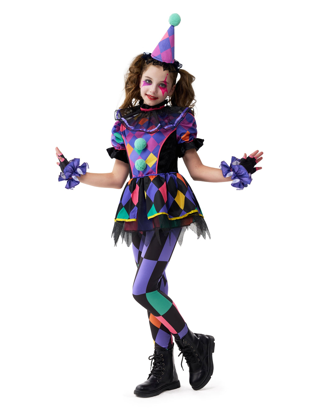 Joyfy Girls Clown Costume, Halloween Scary Clown Costume, Dark Colorful Twisted Clown Jester Dress for Girls Halloween Dress Up, Role Play, Cosplay Party