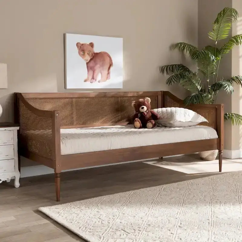 Ogden Twin Daybed With Synthetic Rattan, Walnut Brown