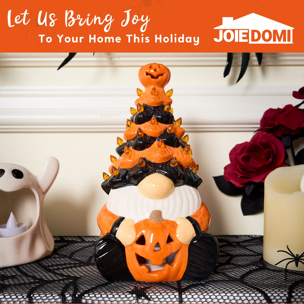 Joyfy 8.5 inch Halloween Decorations Ceramic Gnome Tree Decorations with Build-in LEDs, Light Up Pumpkin Table Decor Bedroom Indoor Centerpieces for Tables