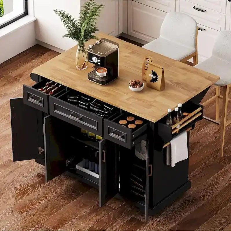 Rubberwood Kitchen Island Cart, 54-inch Drop-Leaf, 4 Doors, 3 Drawers - Embossed Finish