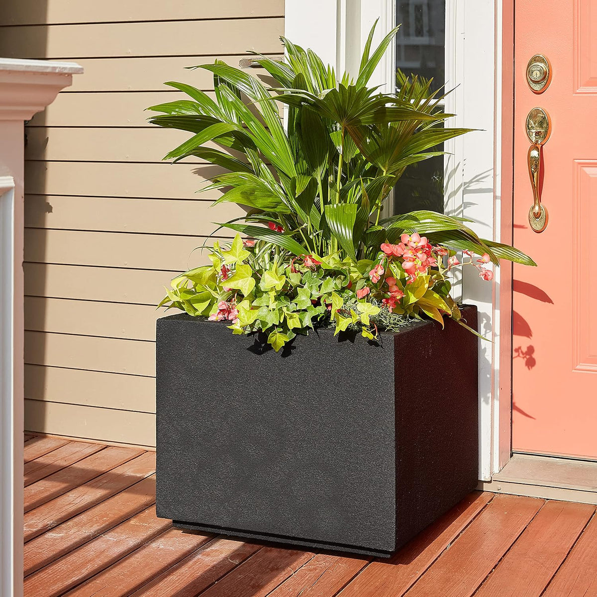 PolyStone Monterray Square Outdoor Planter 23 in L x 23 in W x 19 in H, Black