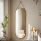 Full Length Wall Mirror, 48 x 16 Inch, Black, Leather Strap